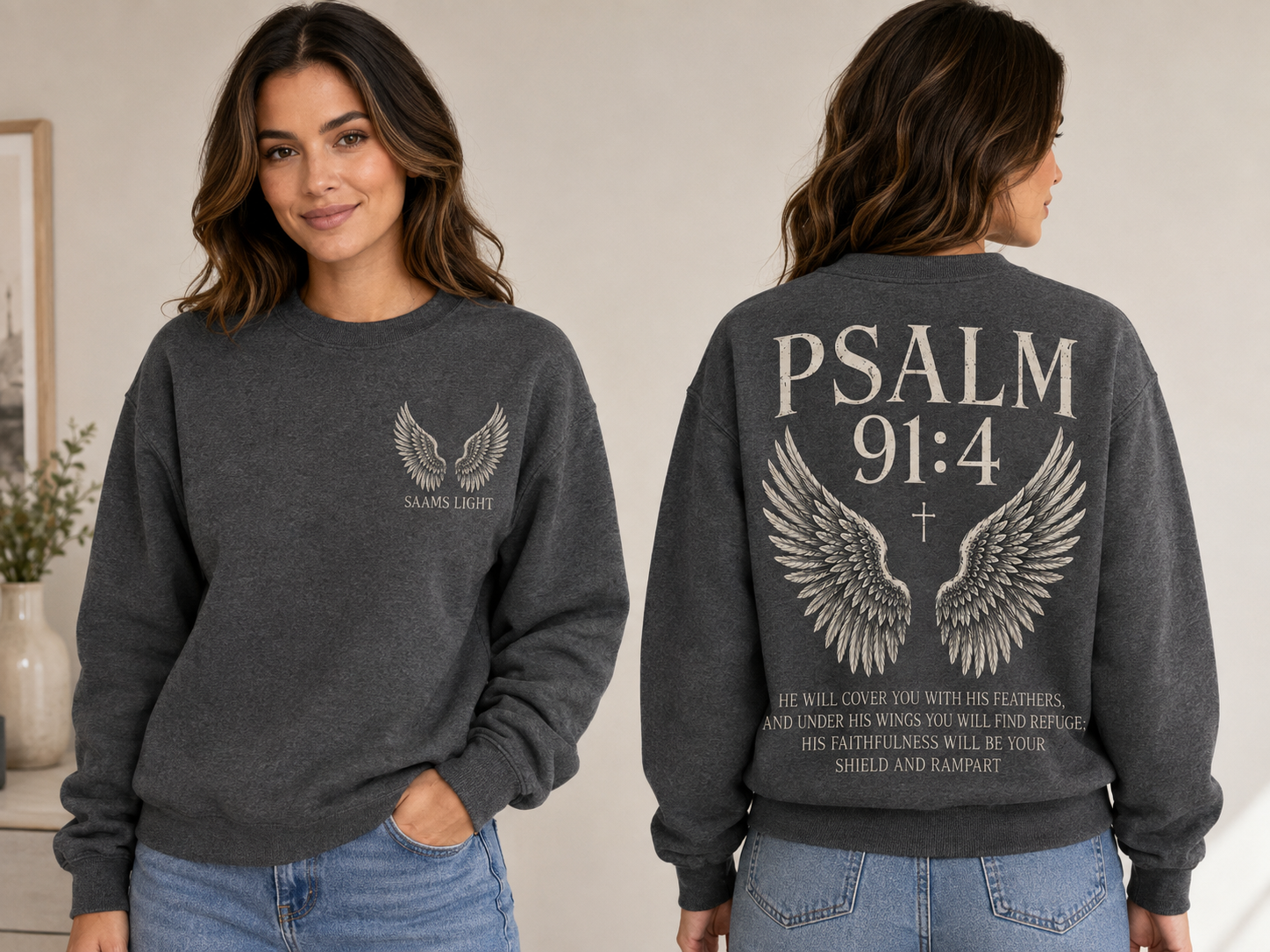 Psalm 91:4 Dark Heather Grey Crewneck